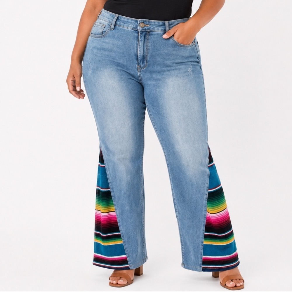 Lucky & Blessed L&B Boyfriend Serape Flare Leg Jeans Light Wash Denim Womens 16